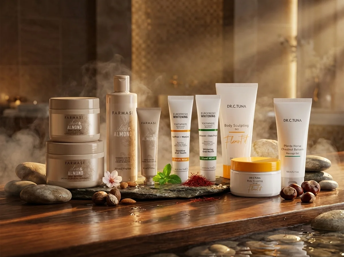 Farmasi self-care products — body lotion, bath scrub, shower gel